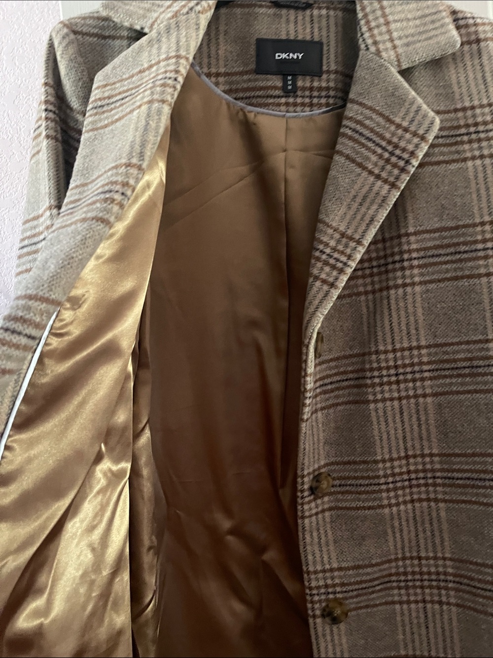 DKNY Beige and Brown Plaid Pea Coat - Picture 9 of 11